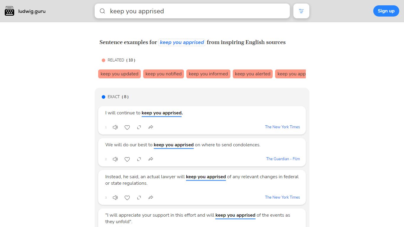 keep you apprised | English examples in context | Ludwig